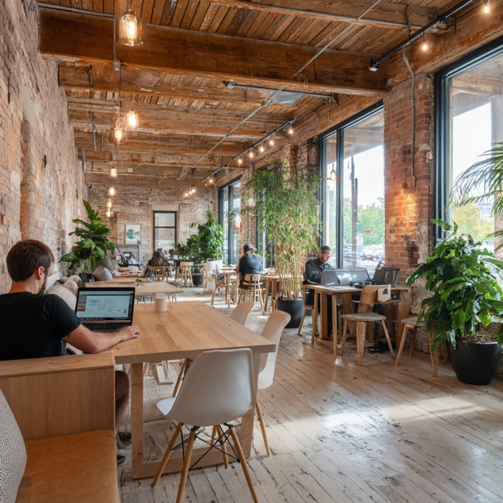 Professionnels travaillant dans un espace de coworking lumineux et végétalisé à Saint-Henri, près du canal Lachine à Montréal