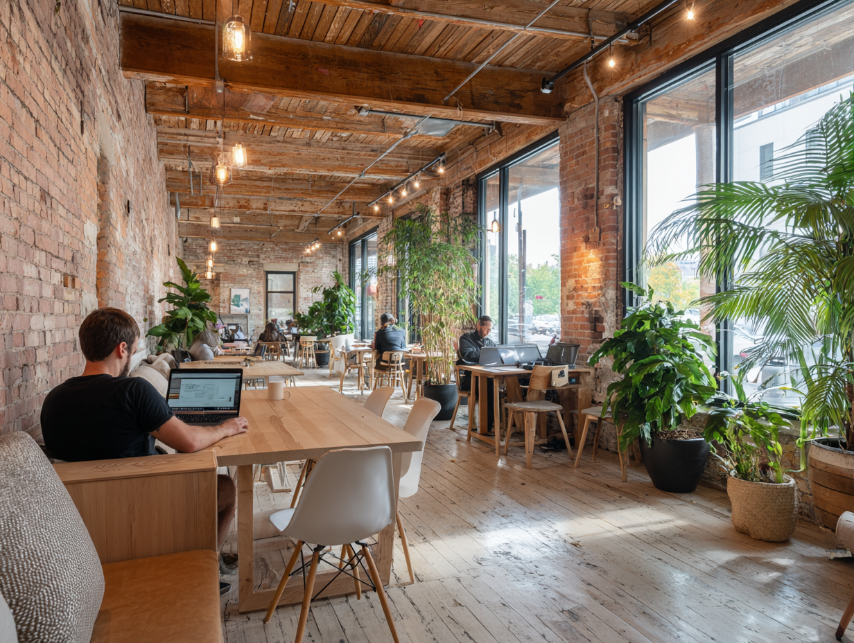 Espace de coworking à Saint-Henri – Nuage B, Montréal Professionnels travaillant dans un espace de coworking lumineux et végétalisé à Saint-Henri, près du canal Lachine à Montréal