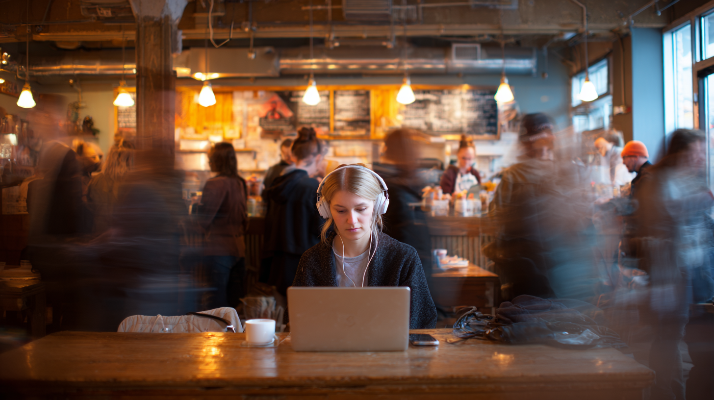 Freelancer working on a laptop inside a busy café in Montreal, with people walking by in soft motion blur