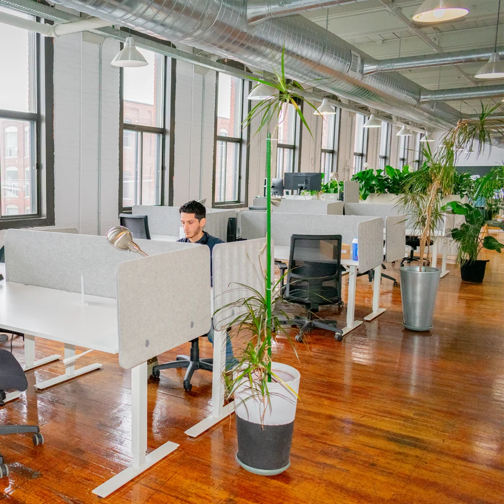 Espaces de coworking modernes à Saint-Henri avec lumière naturelle et professionnels au travail.