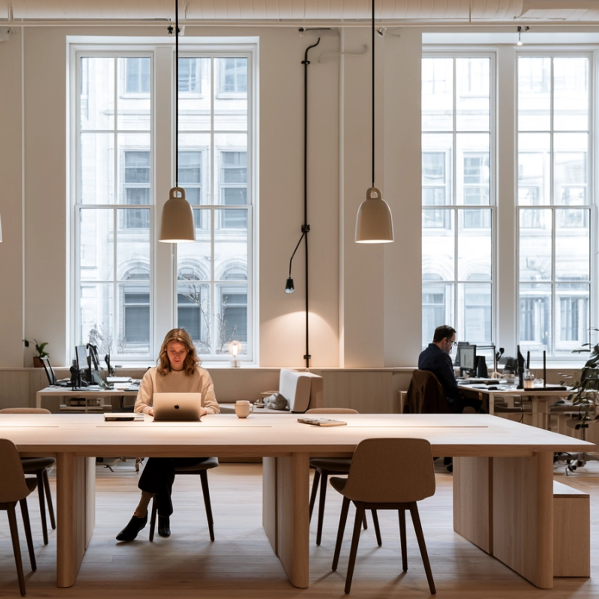 Professional working in a bright coworking space in Saint-Henri, Montreal.