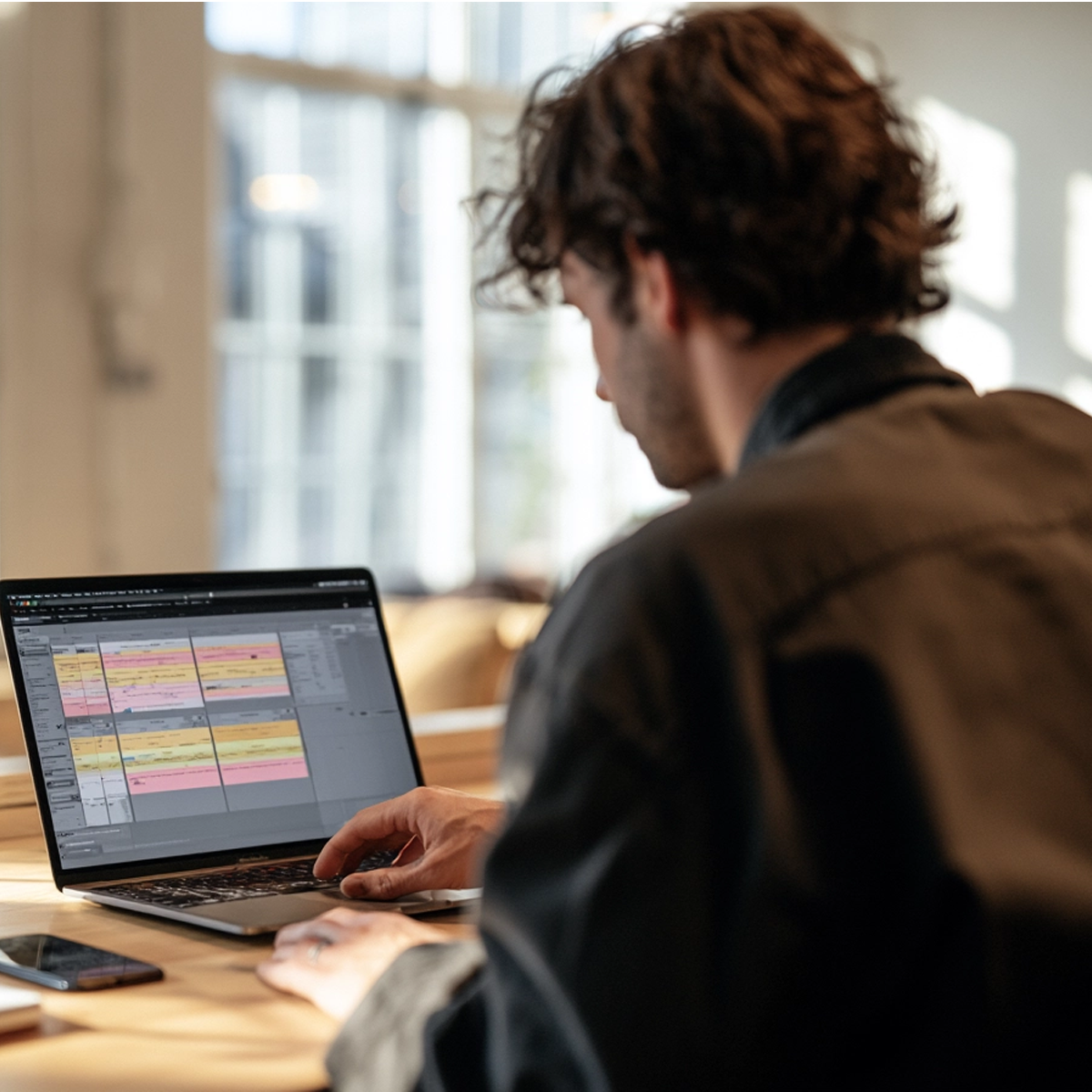 Professional organizing a hybrid workweek on a digital calendar in a bright workspace in Montreal.