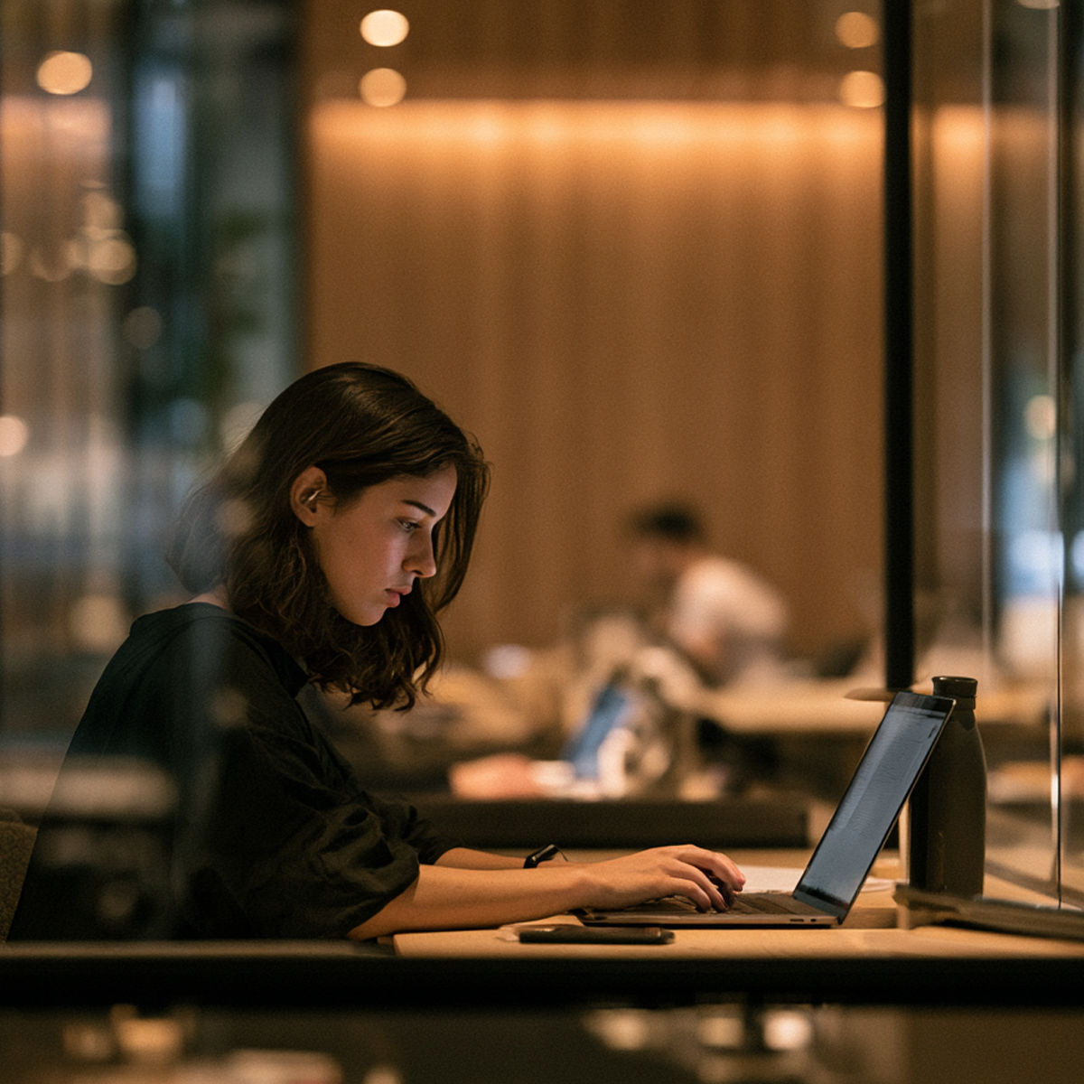 Professional working with focus on a laptop in a coworking space in Saint-Henri, Montreal.